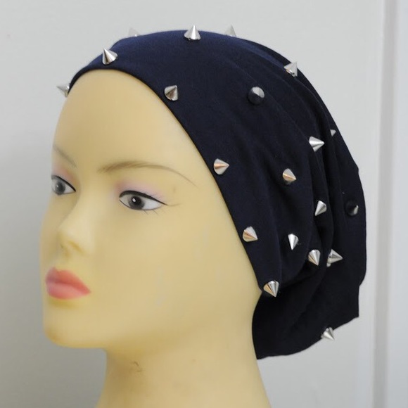Navy Blue Beanie and Silver Colored Spikes Unisex - Picture 2 of 2